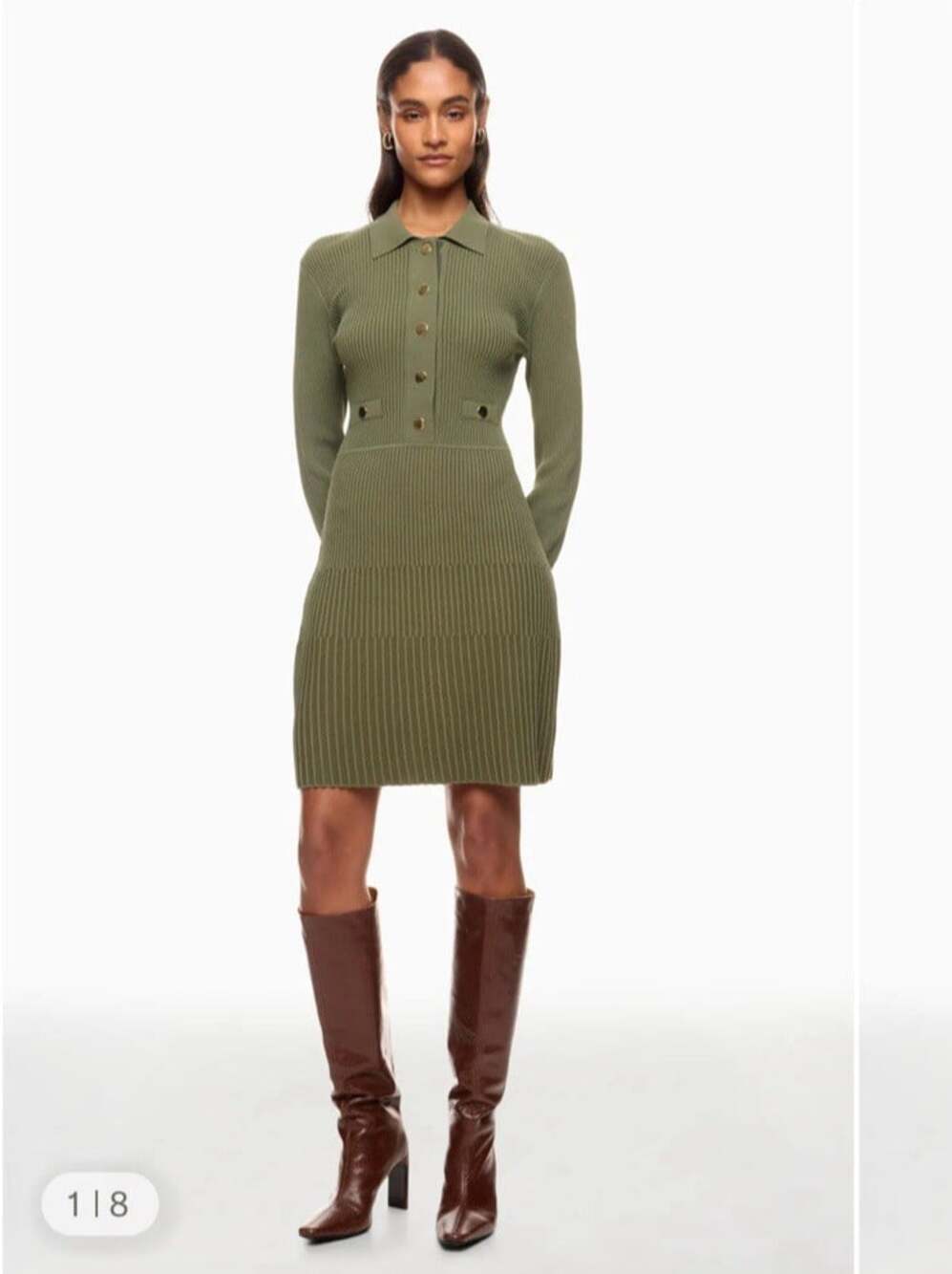 Veronica Beard Lauper Rib Knit Sweater Polo Dress Olive Green Sz S Gold Buttons